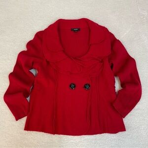 Merino Wool Ruffle Collar Double Button Red Button-Up Knit Sweater Sophisticated
